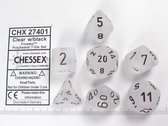 Chessex dobbelstenen set, 7 polydice, Frosted clear w/black