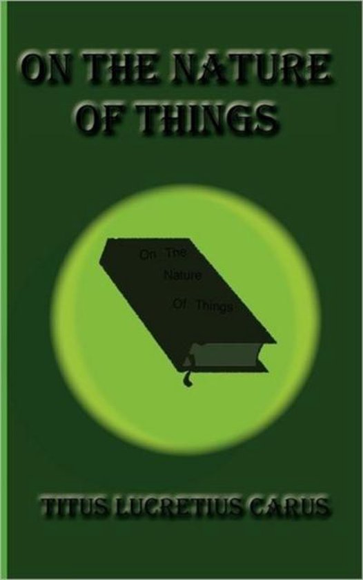 Livre 'On the Nature of Things' de Titus Lucretius Carus, avec une illustration d'un livre dans un cercle vert.