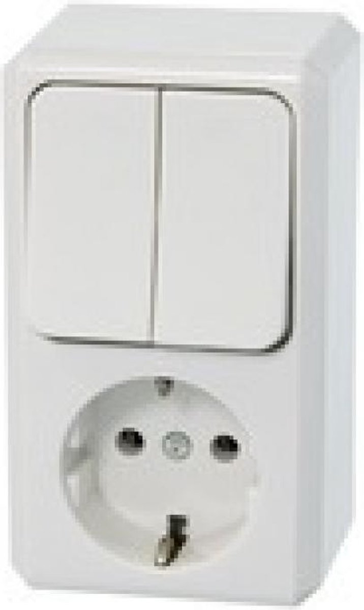 MERTEN type 1073767 enkel stopcontact met randaarde plus dubbele wipschakelaar opbouw | wit