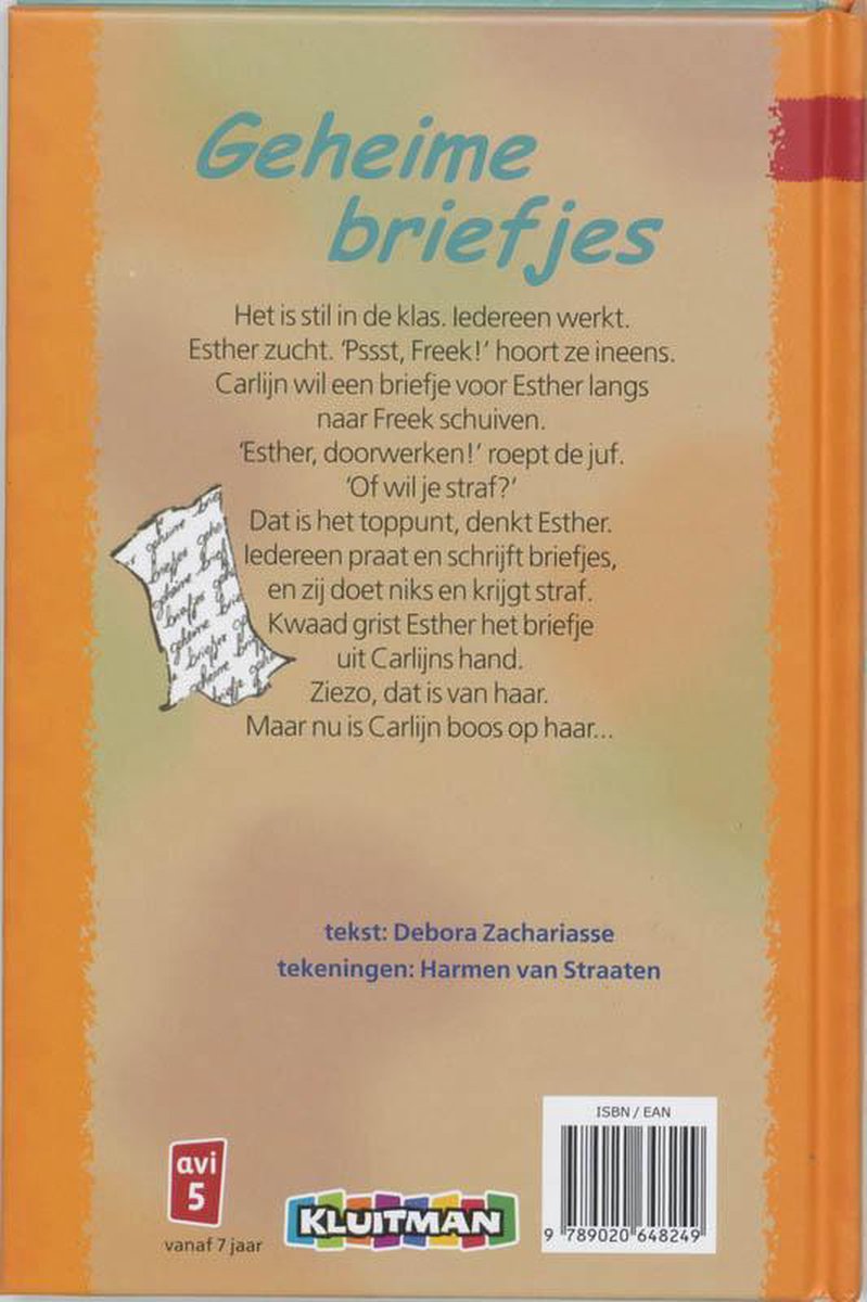 Achterkant boek 'Geheime briefjes' met tekst en afbeelding van een rolletje papier met geheime briefjes.