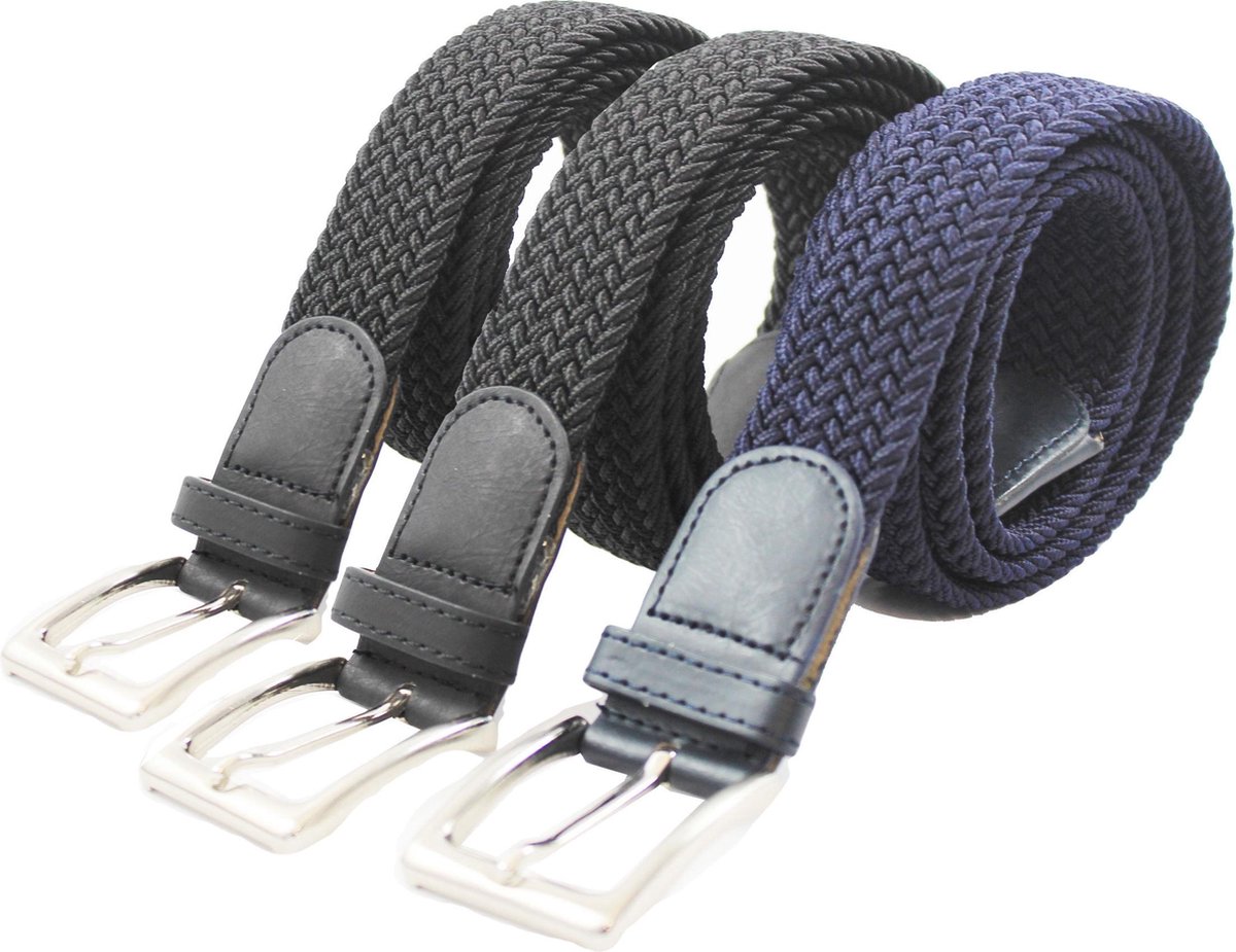 Safekeepers 3 stuks Elastische broekriem Stretch riem - Vlecht riem - Gevlochten riem - Elastiek riem - unisex - Kleur 2 zwart en 1 blauw