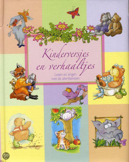 Boekomslag met de titel "Kinderversjes en verhaaltjes". Met illustraties van dieren zoals een vos, beren, konijnen en katten.