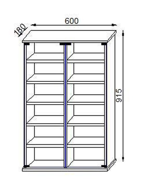 Dessin technique d'une bibliothèque étroite et haute avec six étagères et portes vitrées. Dimensions 600x915x180 mm.
