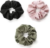 Scrunchie kraagjeskopen.nl - zijdezachte haarwokkel haarelastiek zwart groen roze - 3 stuks - scrunchies