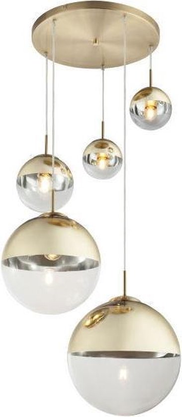 Hanglamp glas 5 bollen 'Varus' metaal goud - doorzichtig glas | bol.com