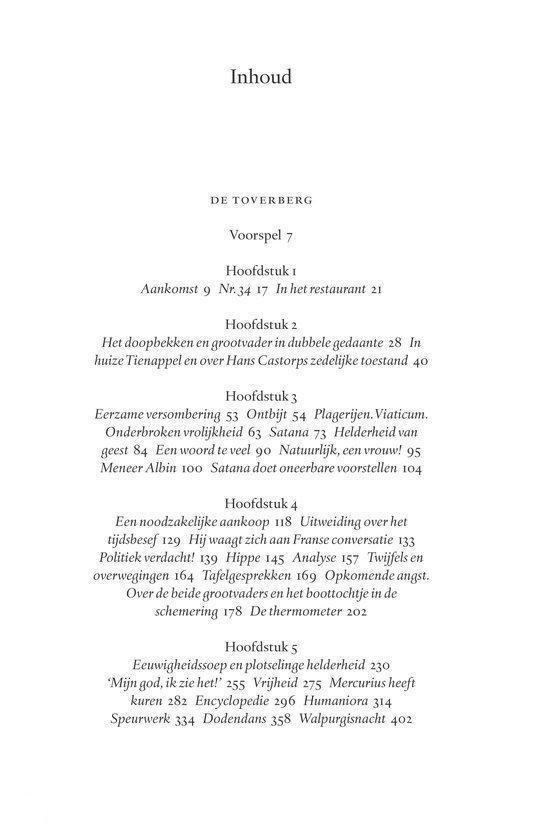 Tekstpagina met de inhoudsopgave van 'De Toverberg', met hoofdstuktitels en paginanummers.