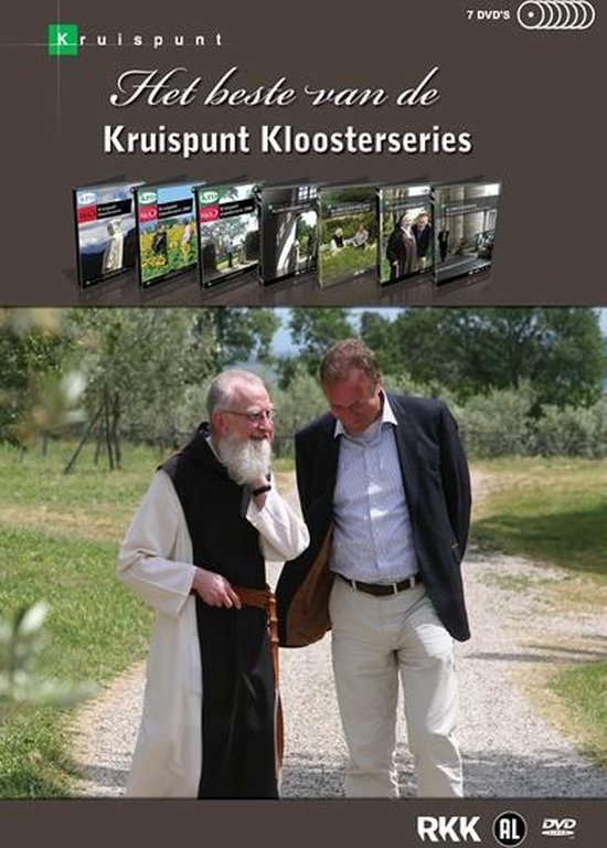 Twee mannen lopen buiten, een monnik met een baard in habijt en een man in pak. De dvd-hoes toont 'Het beste van de Kruispunt Kloosterseries'.