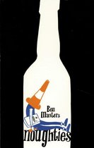 Ontwerp van een fles met een figuur dat een pion hoed draagt en een boek vasthoudt, met tekst.