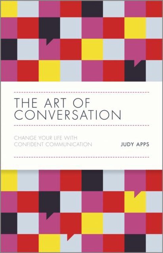 Boekhoes met een mozaïekpatroon van rode, gele, roze en grijze vierkanten met daarin tekst 'The Art of Conversation'.