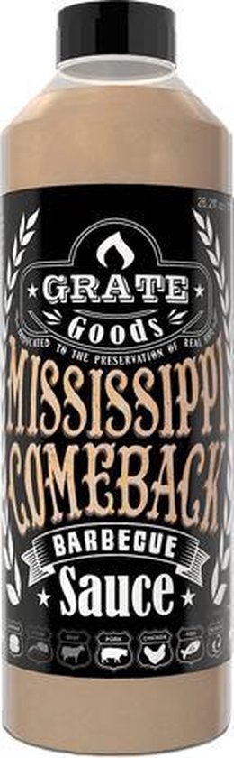 Fles Grate Goods Mississippi Comeback Barbecue Saus, 775ml, met een zwart label en de tekst "Mississippi Comeback Barbecue Sauce".