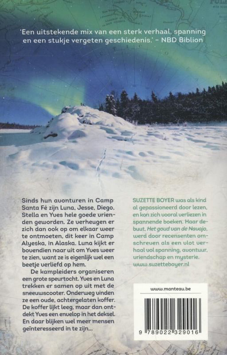 Achterkant van het boek 'Mammoets in het ijs' met tekst en een winterlandschap met aurora borealis.