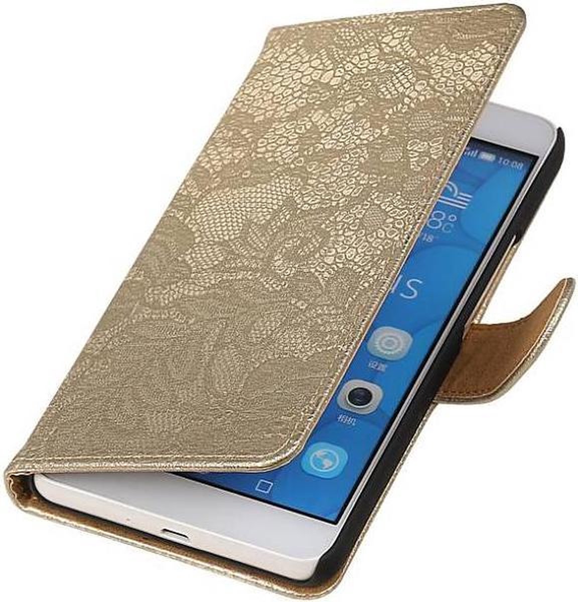 Lace Bookstyle Wallet Case Hoesjes Geschikt voor Huawei Honor 6 Plus Goud