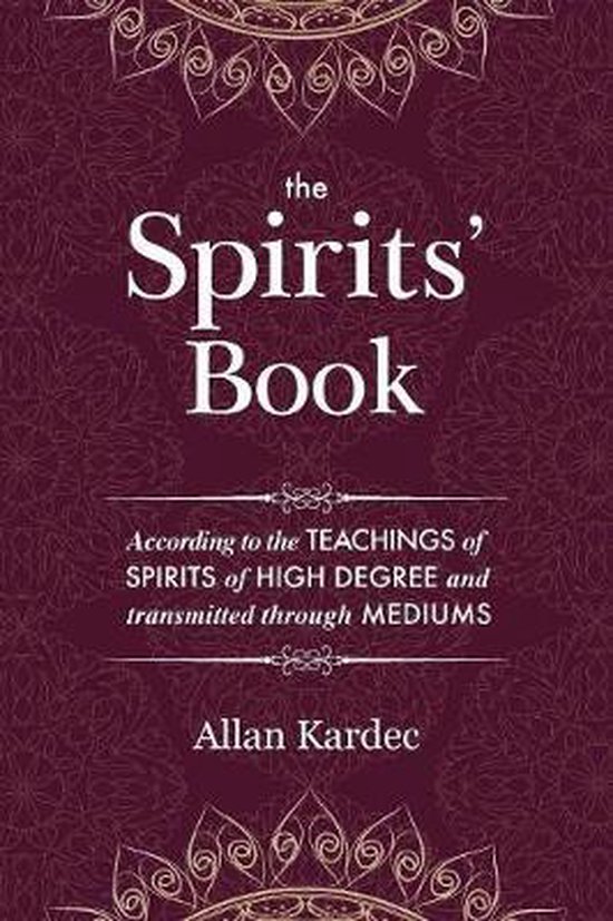 La couverture de 'The Spirits' Book' est bordeaux avec un motif doré détaillé et le titre en lettres blanches.