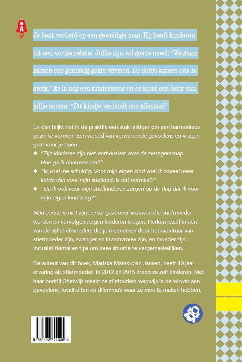 Achterkant van een boek met tekst over samengestelde gezinnen. Bevat de titel 'Mijn eerste is niet zijn eerste'.
