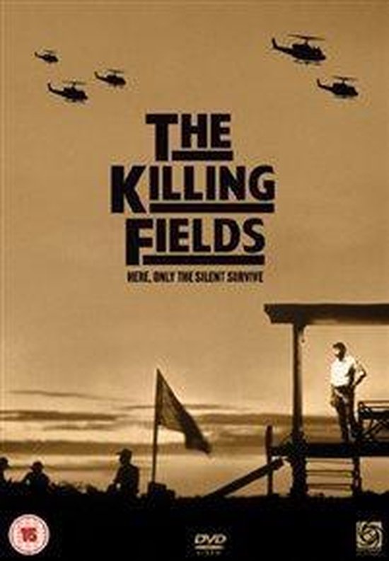 DVD hoes van The Killing Fields met helikopters boven een silhouet van mensen.