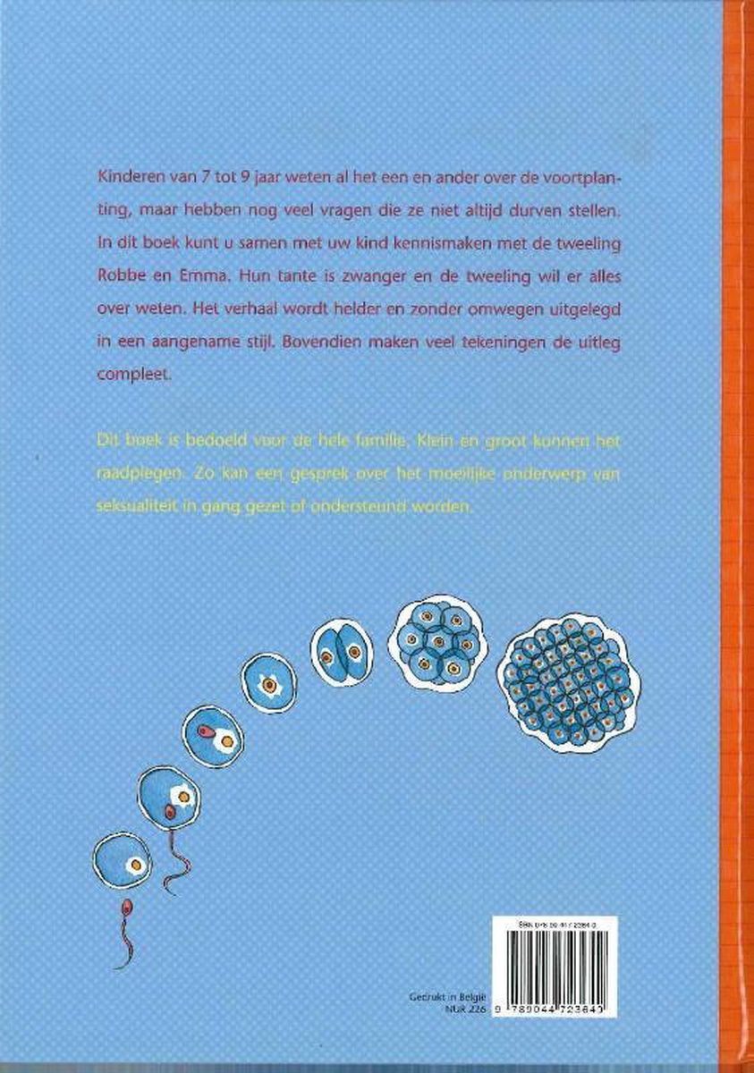 Boek met illustraties van celdeling, sperma en eicel. Tekst over voortplanting.