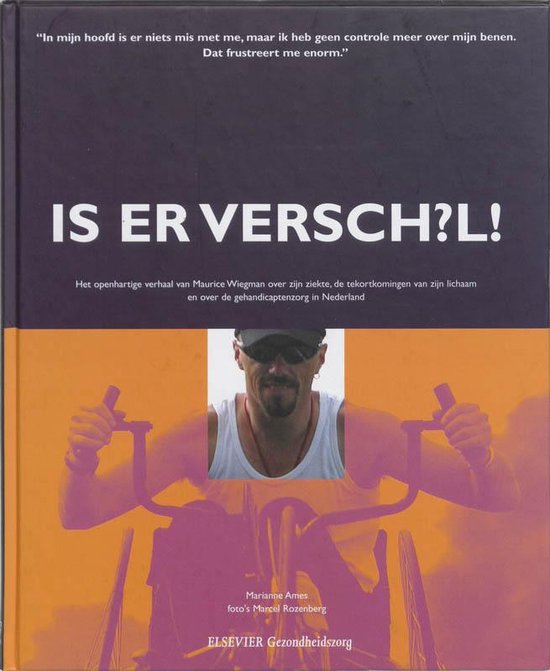 Boekomslag met een grote tekst 'IS ER VERSCHIL?'. Centraal staat een foto van Maurice Wiegman, een man met zonnebril in een rolstoel.