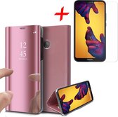 Spiegel Hoesje voor Huawei P20 Lite Lederen Wallet Book Case Roségoud + Screenprotector Tempered Gehard Glass van iCall