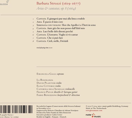 Boekje met tracklist, uitvoerders en details van de opname: Barbara Strozzi (1619-1677) Arias & cantatas, op. 8 (1664).