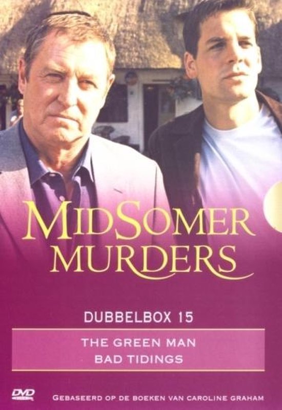 Twee mannen kijken ernstig, "Midsomer Murders Dubbelbox 15 The Green Man Bad Tidings" staat op de voorkant.