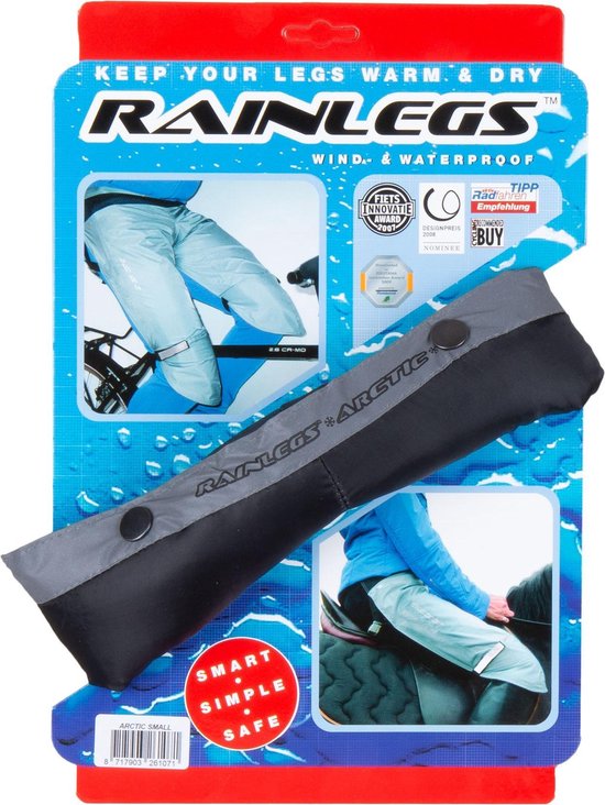 Grijze en zwarte Rainlegs Arctic beenstukken opgevouwen in verpakking, met maattabel.