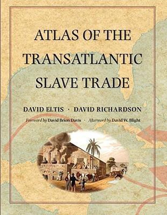 Atlas van de trans-Atlantische slavenhandel, David Eltis & David Richardson. Omslag toont een aquarel van een plantage.