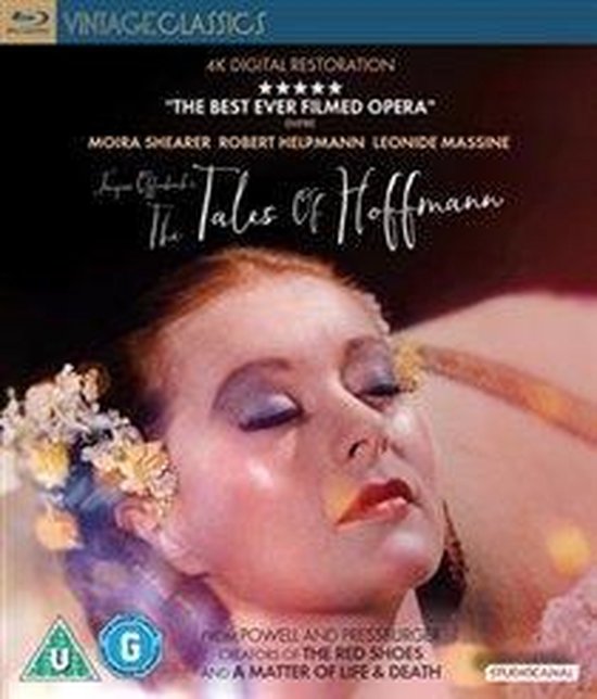 Blu-ray hoesje met close-up van een vrouw, getiteld 'The Tales of Hoffmann'.
