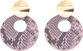 Dielay - Oorbellen Rond - Imitatie Slangenleer - Retro Oorhangers - 5,5x4 cm - Roze