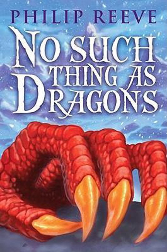 Boekomslag van "No Such Thing As Dragons" met een rode drakenklauw met scherpe, oranje klauwen op de voorgrond en besneeuwde bergen op de achtergrond.