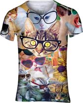 Katten met brillen Festival shirt - Maat: S - V-hals - Feestkleding - Festival Outfit - Fout Feest - T-shirt voor festivals - Rave party kleding - Rave outfit - Kattenshirt - Nineties