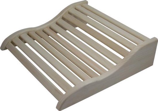 Ergonomisch gevormde houten saunahoofdsteun met houten spijlen.