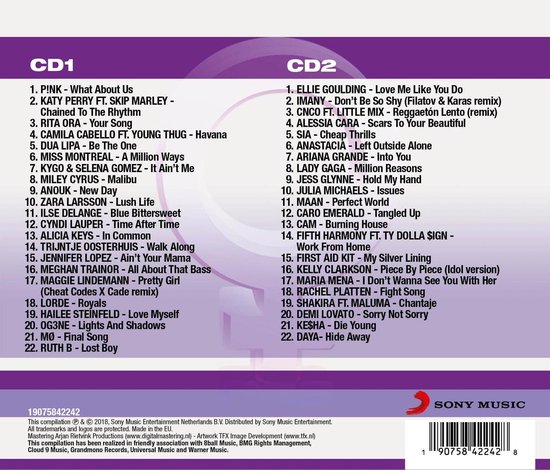 CD-hoes met tracklijsten voor CD1 en CD2 van Powervrouwen 2018, met logo's van Sony Music.