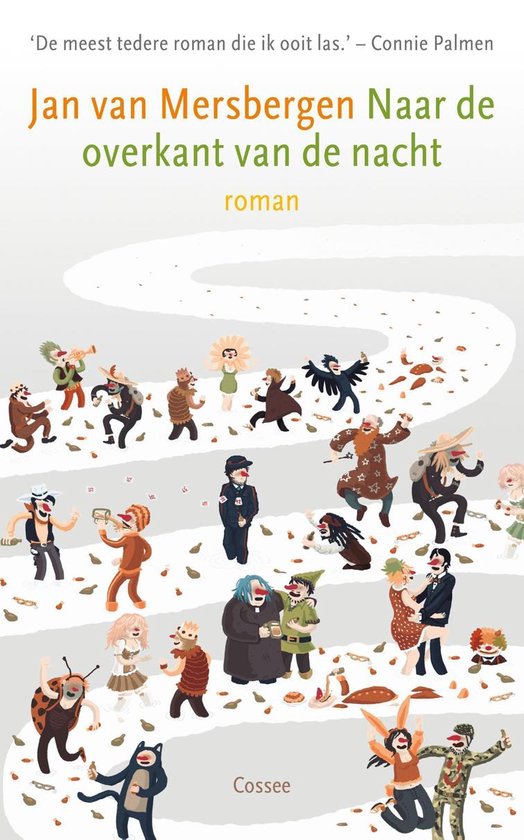 Boekomslag van 'Naar de overkant van de nacht' met een illustratie van een kronkelende weg vol met diverse figuren.