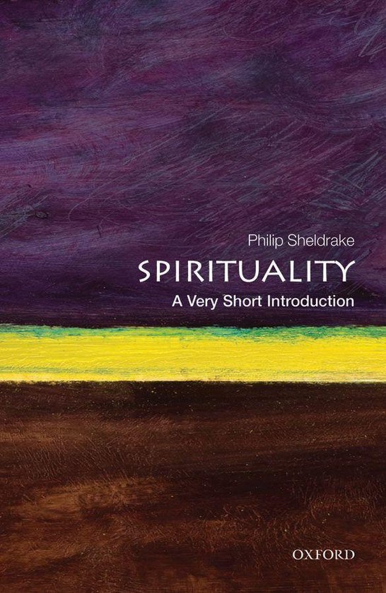 Boekomslag "Spirituality A Very Short Introduction" door Philip Sheldrake, met paarse, gele en bruine abstracte strepen.