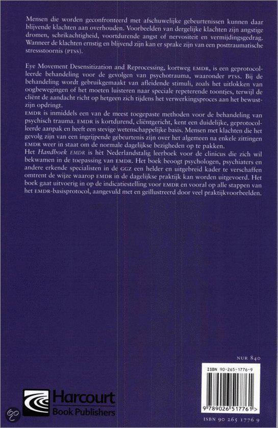 Achterpagina van een boek met de titel "Handboek EMDR" en uitgeversinformatie.