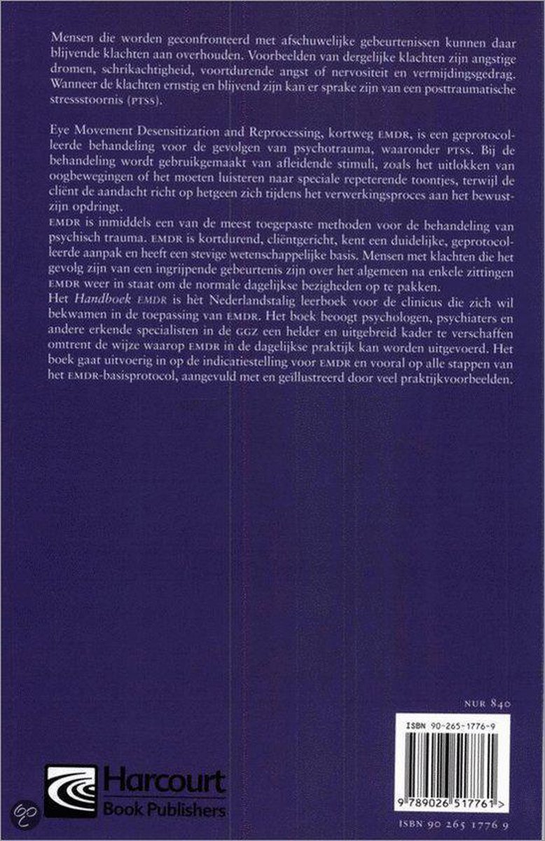 Achterpagina van een boek met de titel "Handboek EMDR" en uitgeversinformatie.