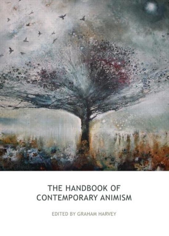 Boekomslag met een boom in een mistig landschap en vogels; titel: The Handbook of Contemporary Animism.