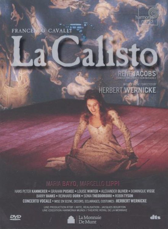Dvd-hoes van La Calisto met een vrouw in een lange beige jurk op een houten toneelvloer voor een sterrenhemel.