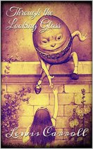 Humpty Dumpty zit op een muur, uitreikend naar Alice. Titel: Through the Looking Glass door Lewis Carroll.