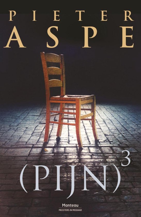 Une chaise en bois sur un sol pavé, avec le titre (PIJN) de Pieter Aspe.