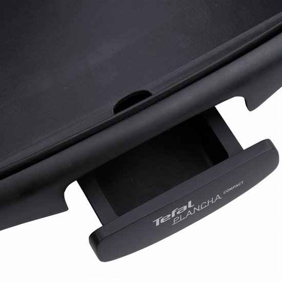 Close-up van de Tefal Plancha Compact grillplaat met opvangbakje.