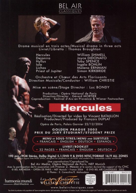 Achterkant van de Hercules DVD met castlijst, productiedetails en foto's van de opera.