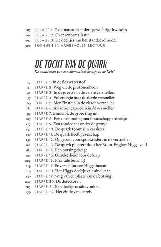 Inhoudsopgave van een boek, met hoofdstuktitels als 'DE TOCHT VAN DE QUARK' en 'ETAPPE 1. In de fles waterstof'.