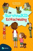 Boekcover: 'De SurvivalKID Echtscheiding'. Kinderen en ouders met huizen en dieren.