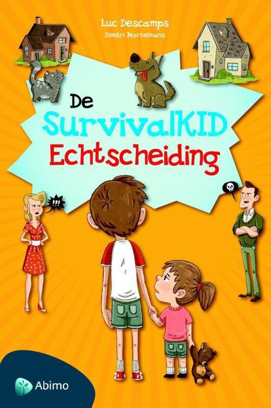 Boekcover: 'De SurvivalKID Echtscheiding'. Kinderen en ouders met huizen en dieren.