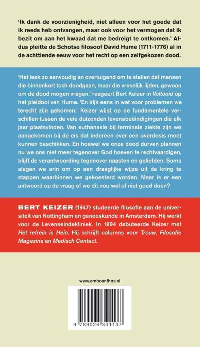 Achterkant van het boek 'Voltooid'. Tekst in wit, groen en rood. Links een barcode.