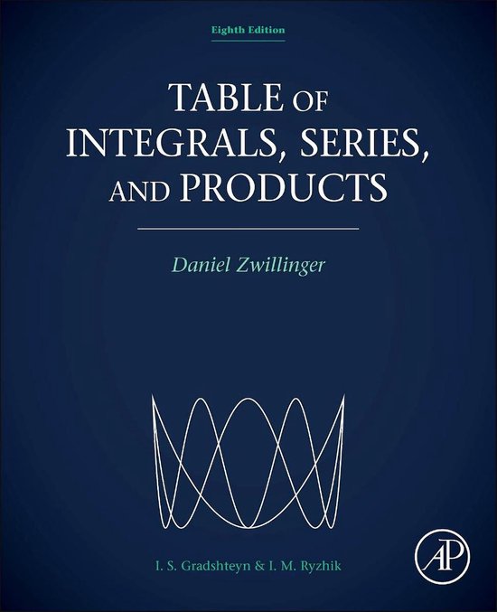 Boek 'Table of Integrals, Series, and Products', achtste editie, met op de omslag een witte wiskundige grafiek en het AP logo.
