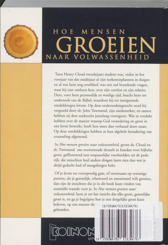 Achterkant boek met tekst over 'Hoe Mensen Groeien naar Volwassenheid', met een afbeelding van een boomstam linksboven.