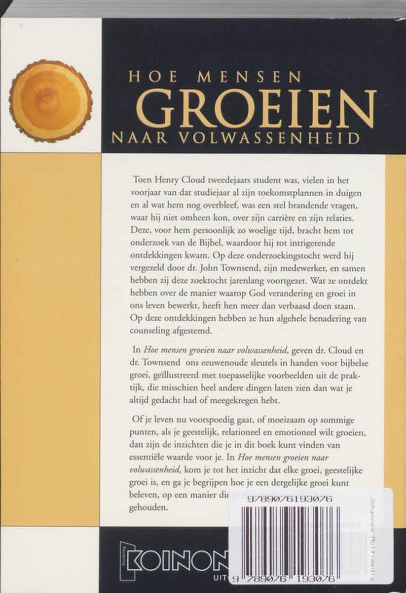 Achterkant boek met tekst over 'Hoe Mensen Groeien naar Volwassenheid', met een afbeelding van een boomstam linksboven.