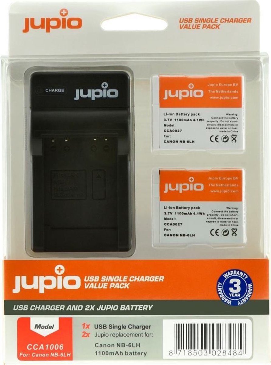 Jupio Kit: 2x Battery NB-6LH + USB Single Charger